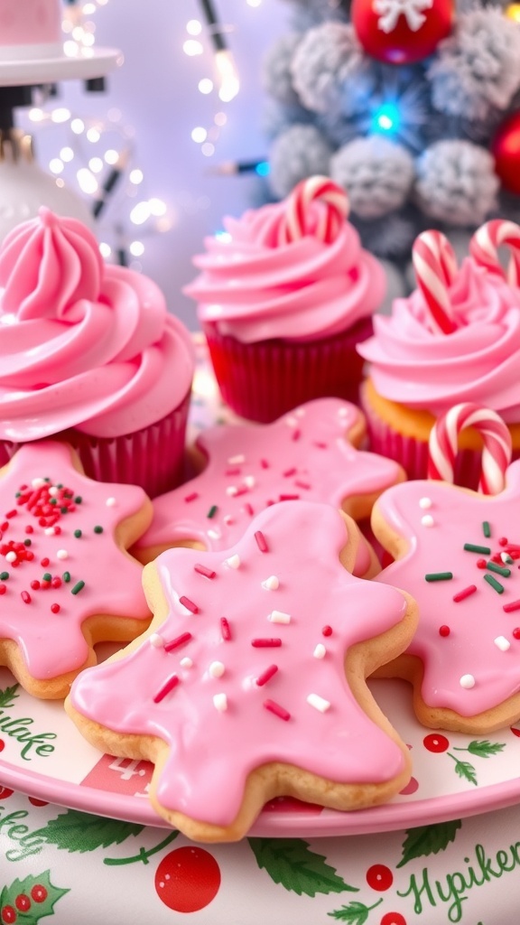 A colorful assortment of pink Christmas cookies and cupcakes decorated with sprinkles and frosting on a festive platter.